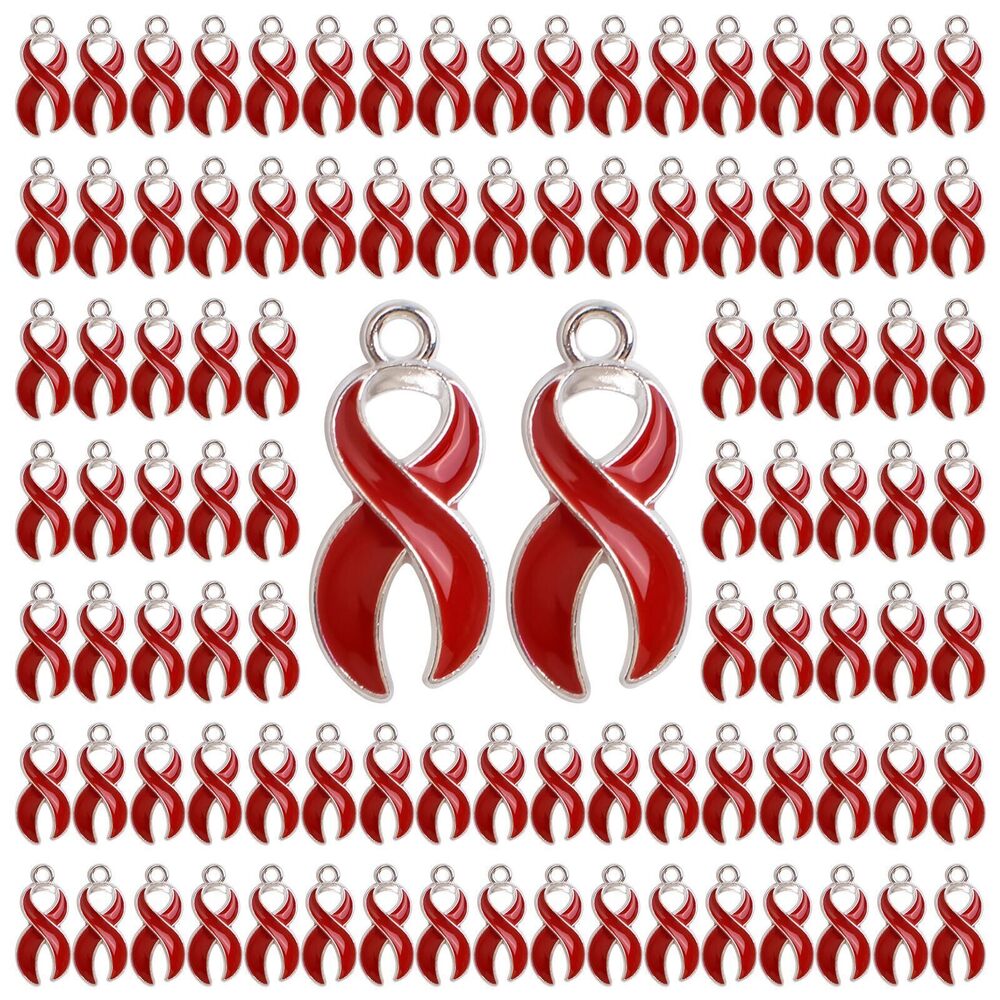 8334 100 Pcs Red Ribbon Pendants, 3D Alloy AIDS Heart Disease Awareness